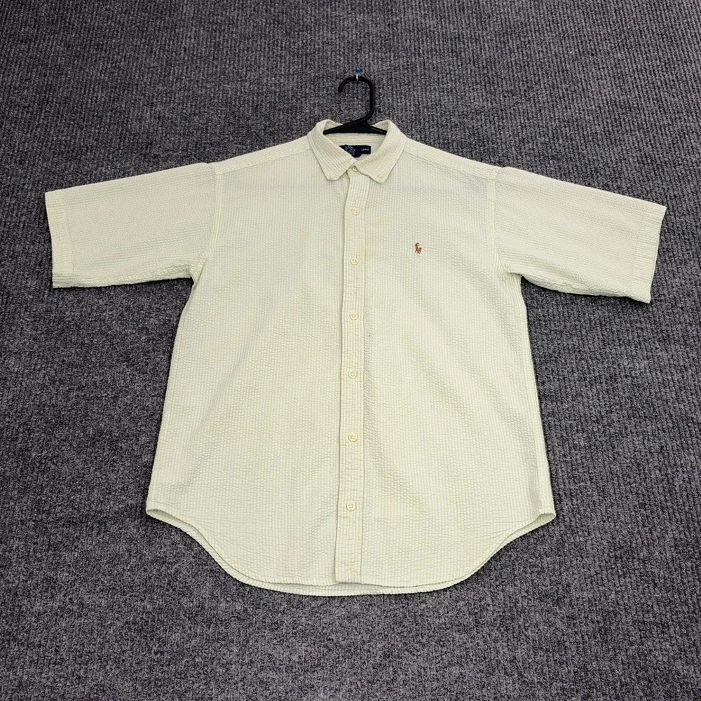 Ralph Lauren Button Up Shirt Boys L Green Seersucker Short Sleeve Preppy Classic